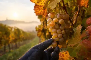 Golden grapes dusted with dew at dawn, autumn leaves and a gloved hand gently inspecting an overripe cluster on the vine