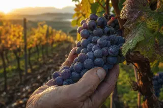 Vigneron cutting a dewy cluster of Pinot Noir grapes at dawn, golden autumn light in the vineyard, close-up on hands and fruit.