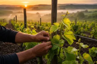 Vineyard worker's hands tying green vine shoots at sunrise with dew on leaves and golden morning light illuminating the scene