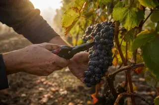 Winegrower harvesting Pinot Noir grapes at dawn in a misty, golden-hued vineyard, close-up on hands and grapes with dewdrops, autumnal tones, and natural textures.