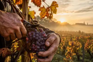 Vigneron cutting dew-drenched Pinot Noir grapes at dawn in Bordeaux, golden autumn light highlighting the cluster and vineyard rows in soft focus.