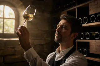 Sommelier examining the color of white wine in a softly lit stone cellar with wooden racks and subdued ambiance.