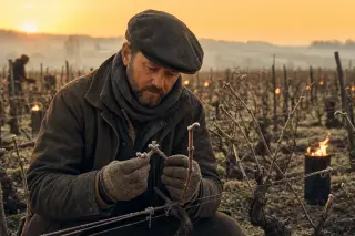 Vigneron examining a frost-covered vine at dawn with protective candles lit among autumnal vineyard rows, misty Loire Valley in soft golden light.