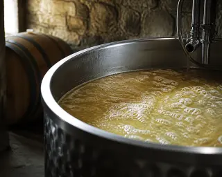 Fermenting vat with bubbling must in a stone cellar at night, lit by warm, moody light, with visible vapors and vigneron's hand stirring.