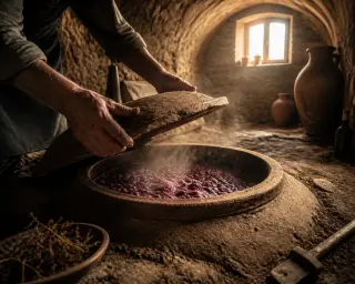 Vigneron's hands opening a clay amphora with fermenting must inside a stone wine cellar bathed in golden morning light.