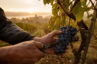 Winegrower harvesting dewy Pinot Noir grapes at dawn among misty vineyard rows, golden light illuminating hands and clusters in early autumn.