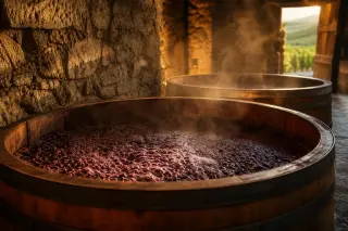 Oak barrels with bubbling wine must during fermentation in a dimly-lit stone cellar, golden light highlighting textures of wood and stone.