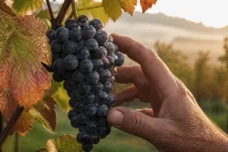 Close-up of Pinot Noir grapes with morning dew, in golden autumn light, vigneron's hand gently touching the fruit