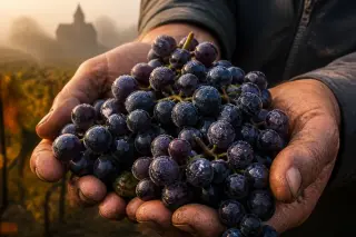 Close-up of dew-covered Pinot Noir grapes cradled in a vigneron's hands at dawn, set against a softly lit vineyard backdrop in autumn.