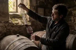 Winemaker in a stone cellar using a glass siphon to observe clarified red wine from an oak barrel, with golden light and rustic details.