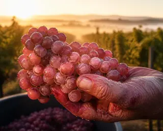 Close-up of a vigneron's hand holding a dew-covered cluster of pink grapes in golden morning light with vineyard rows in the blurred background.