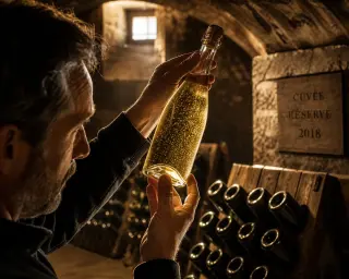 Vigneron checking bubbles in champagne bottle in a dimly lit stone cellar, with resting bottles on wooden racks and warm, golden lighting.