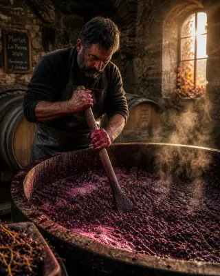 Vigneron performing pigeage on fermenting Merlot in a stone cellar, warm light highlighting the bubbling must and rustic textures.