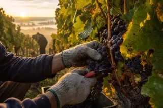 Grapepicker's hands harvesting Pinot Noir grapes at dawn amid dew and golden light in an autumn vineyard