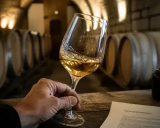 Sommelier swirling a glass of Gewurztraminer in a warm-lit cellar, with oak barrels in the background.