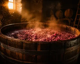 Vaulted stone cellar with rows of oak barrels and a clay amphora in warm, subdued lighting, close-up of a barrel with a drop of red wine.