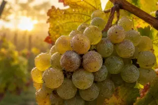 Overripe Monbazillac grapes with noble rot and morning dew, glowing in golden dawn light on the vine.