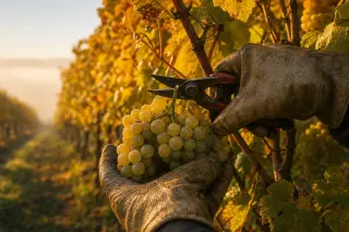 Hands of a grape picker harvesting Chardonnay grapes at dawn with autumn light filtering through the vineyard, dew on the grapes, and warm natural tones.