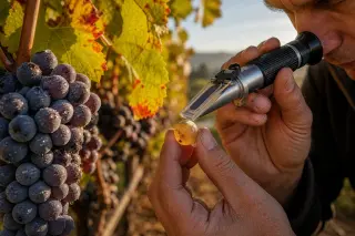 Winegrower at sunrise measuring sugar in dewy grapes with a refractometer, golden vineyard background, macro focus on grape and instrument.