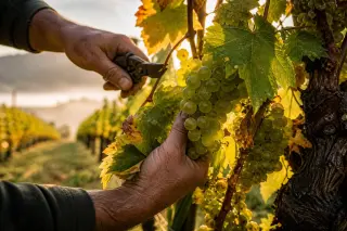 Vigneron effeuillant des grappes de Sauvignon Blanc dans une vigne au lever du soleil, lumière dorée, rosée sur les feuilles vert pâle, arrière-plan flou de rangs de ceps, ambiance automnale paisible.